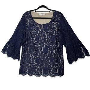 Rose + Olive Top Women's 2X Scoop Neck Bell Sleeve Blouse Blue‎ Lace Lined
